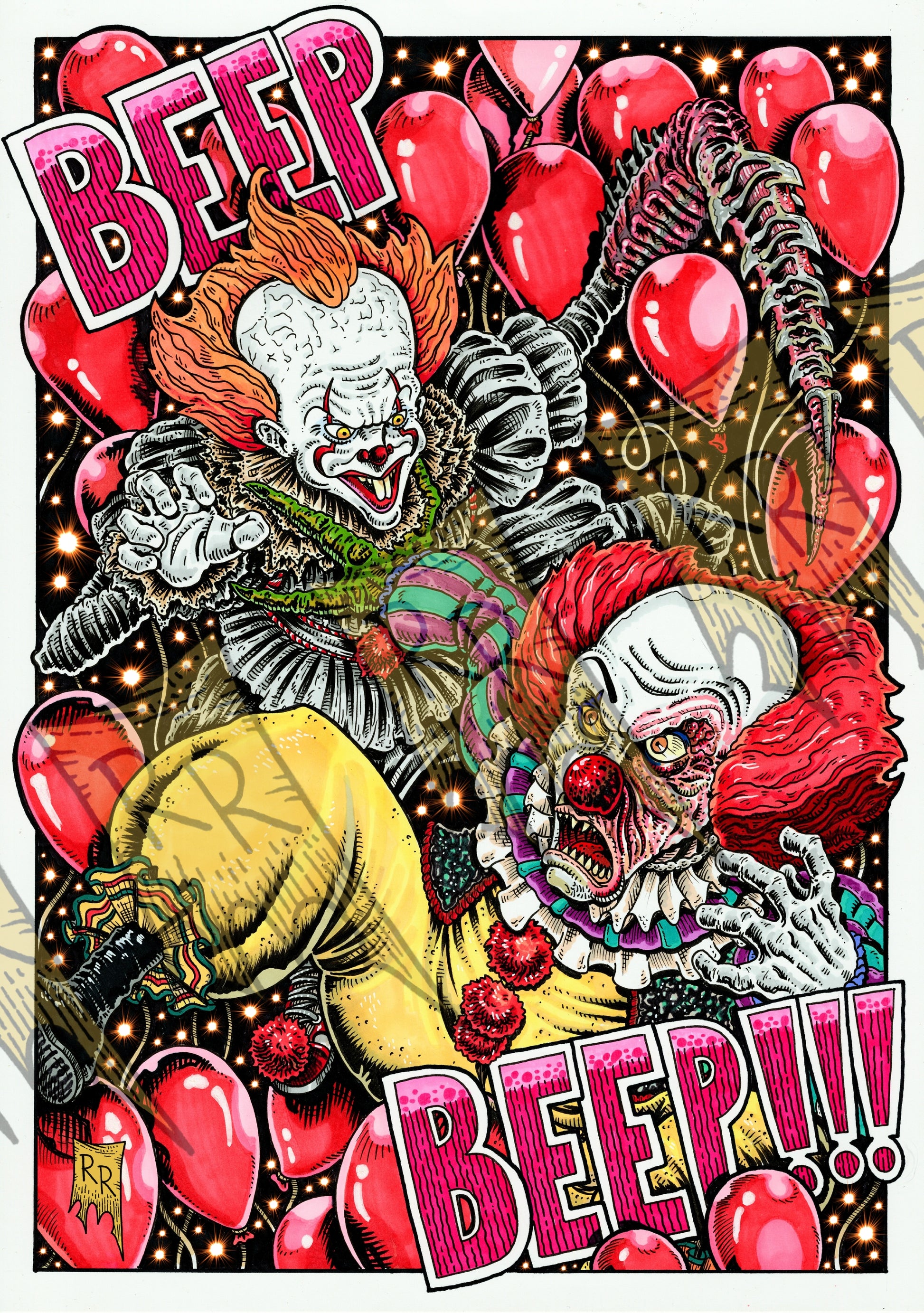 Two versions of Stephen King's Pennywise (Tim Curry & Bill Skarsgard) fist fight on a background of red balloons & deadlights to determine who is the greatest IT of all. 
