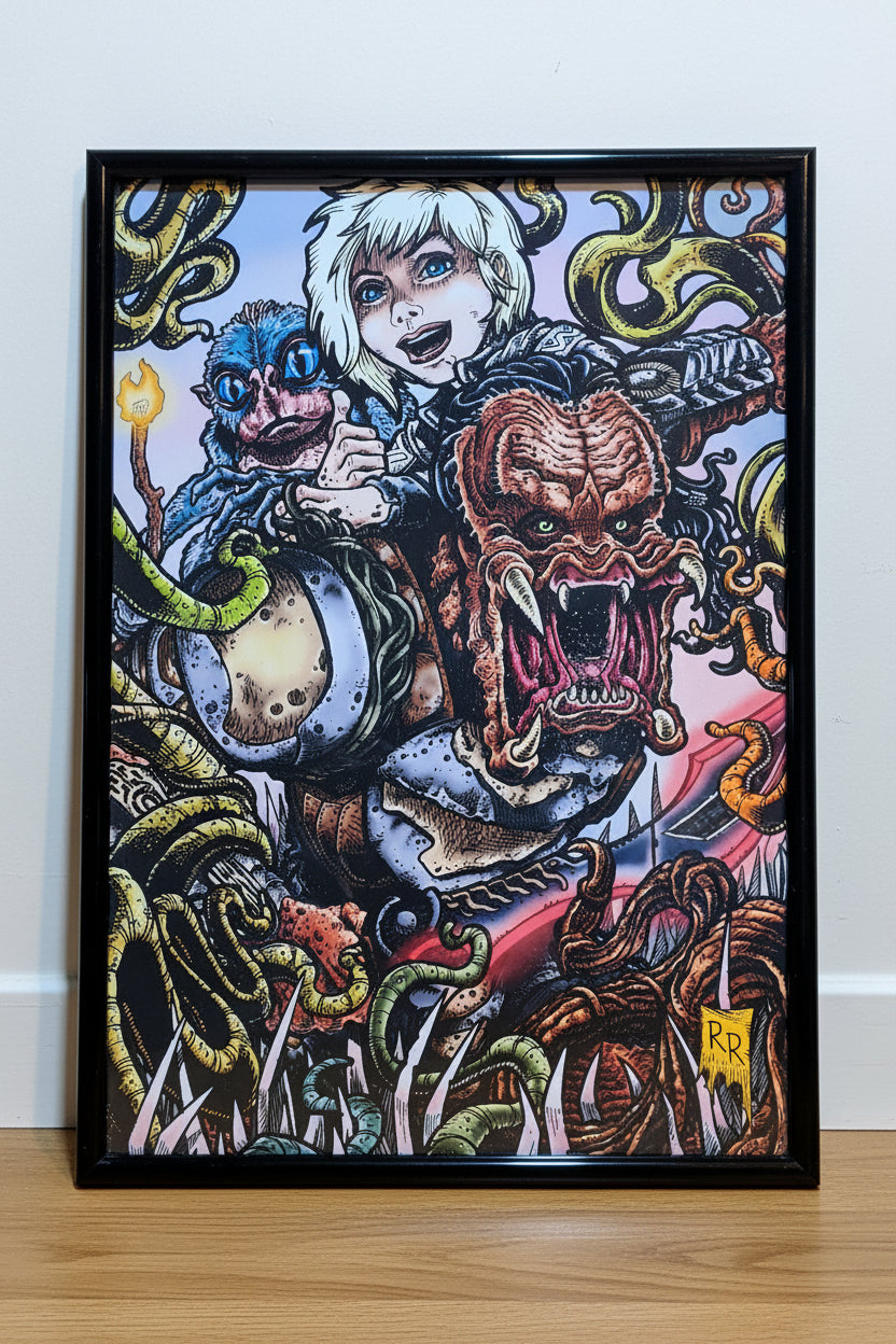 Framed artwork with fantasy characters and intricate designs on a white wall.